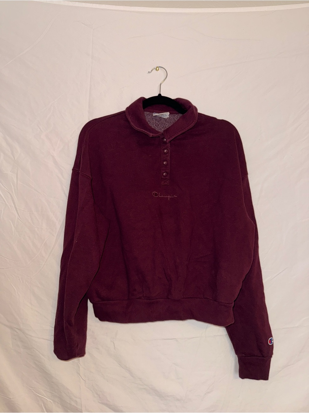 Champion Maroon Collared Quarter Button Pullover Crop Sweatshirt Size Large